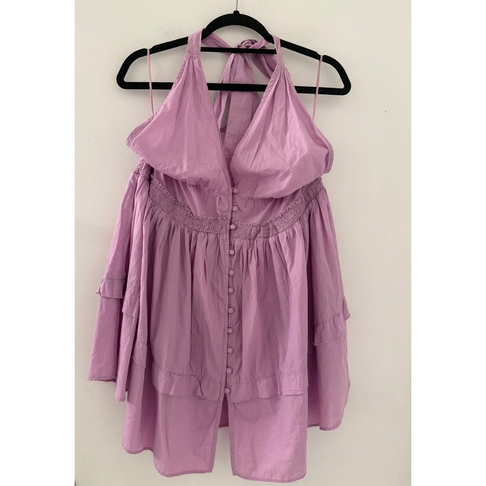 Free People Women's Pink Smocked Halter Mini Dress Boho Size L Whimsical Fairy